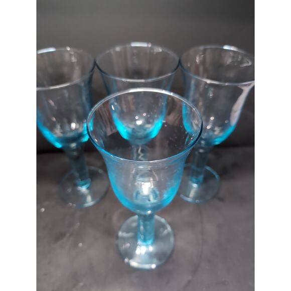 Hand Blown Sky Blue Wine Glasses, Long Stem, Vintage Set of 4, Heavy Glassware - Picture 5 of 9